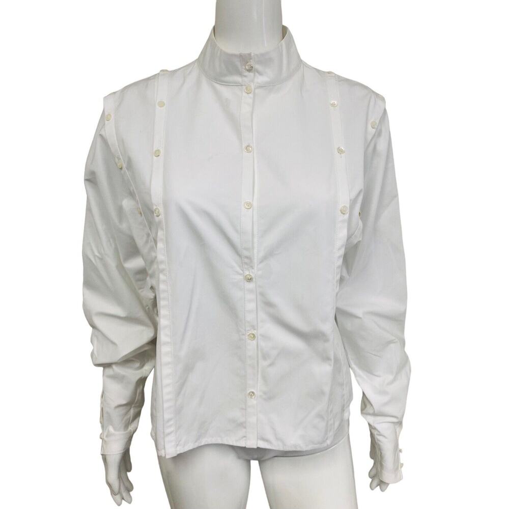 ROCHAS PARIS White Cotton Button Accent High Neck Blouse Shirt Top 46 US 8